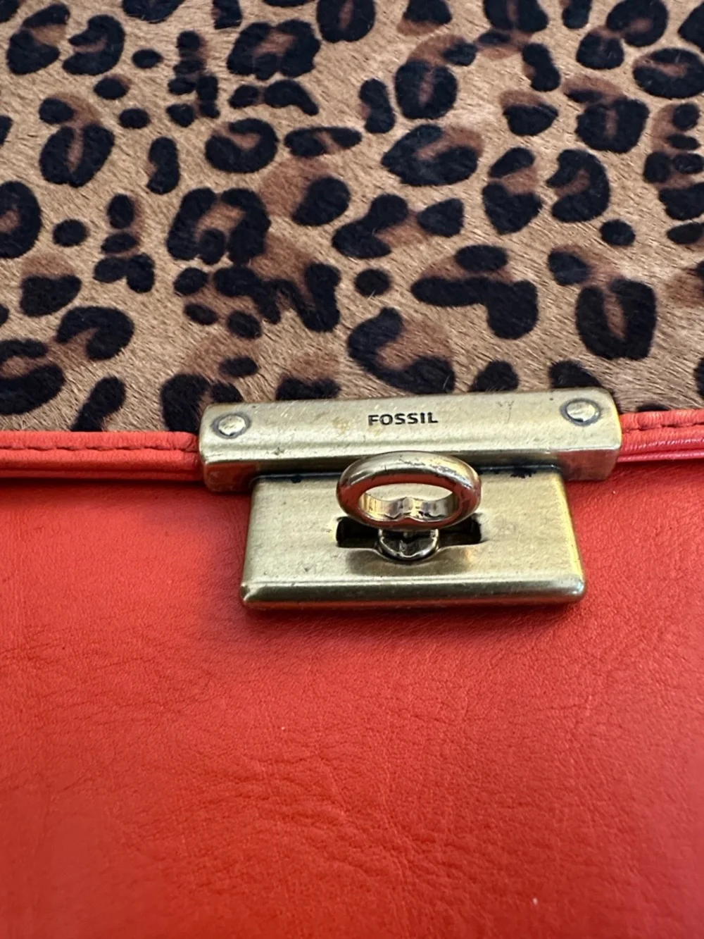 Fossil Leather‎ Orange Leopard Print Wristlet  Clutch Purse